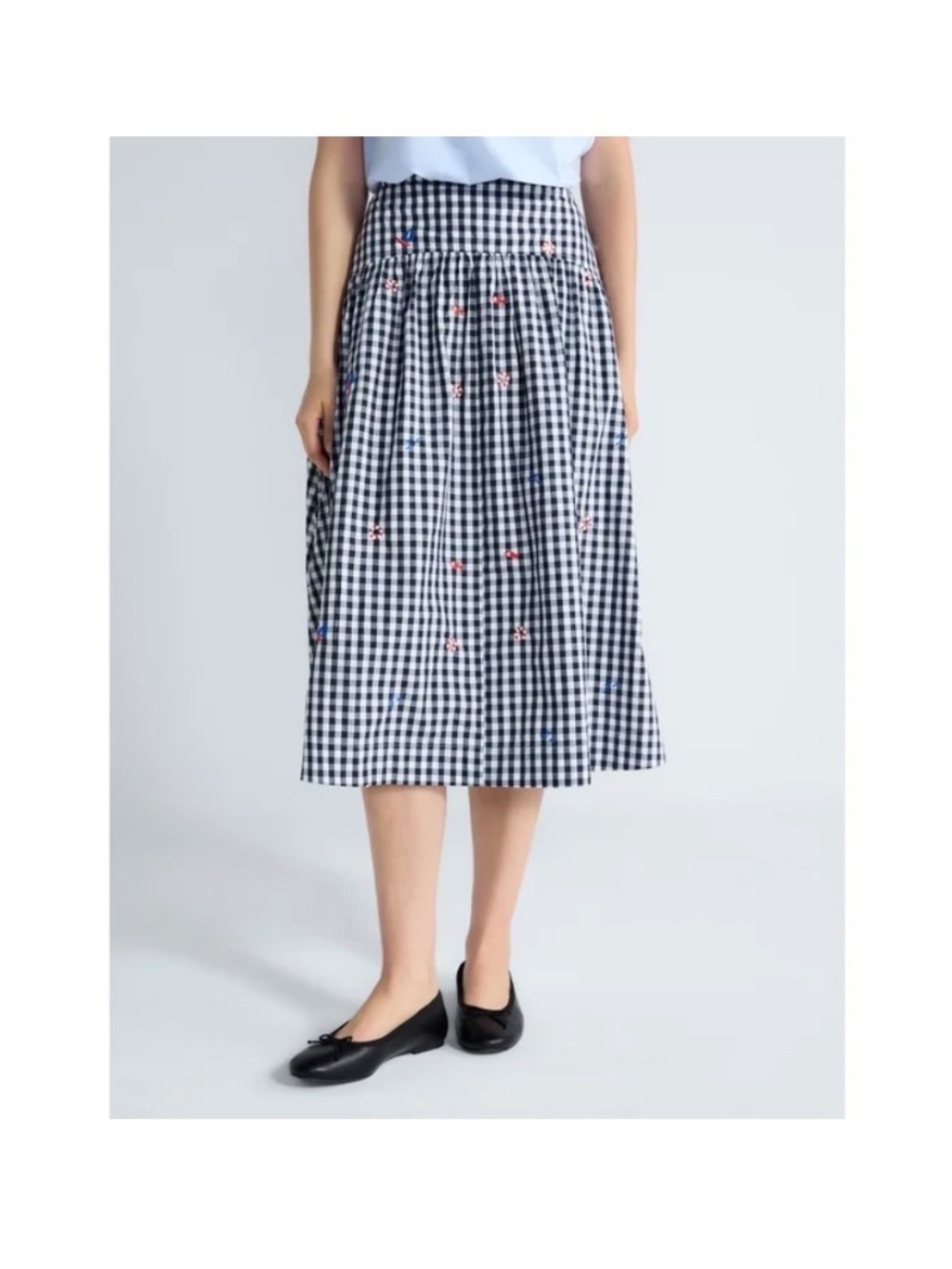 Gingham Embroidered Midi Skirt - Black/White with Red & Blue Accents - Picture 4 of 4